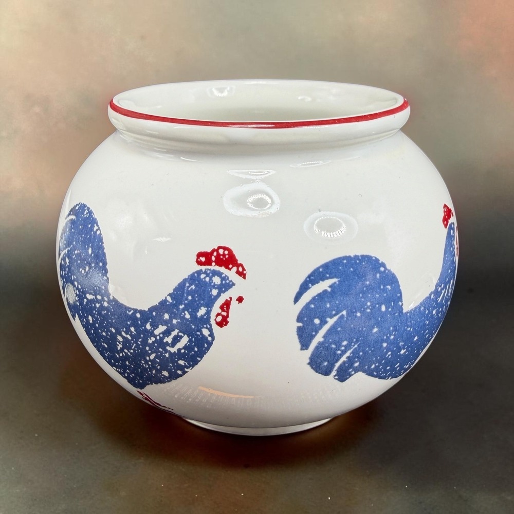 Arthur Wood England Ceramic Dish Bowl Blue Rooster Farmhouse White‎ Red Rim 3in